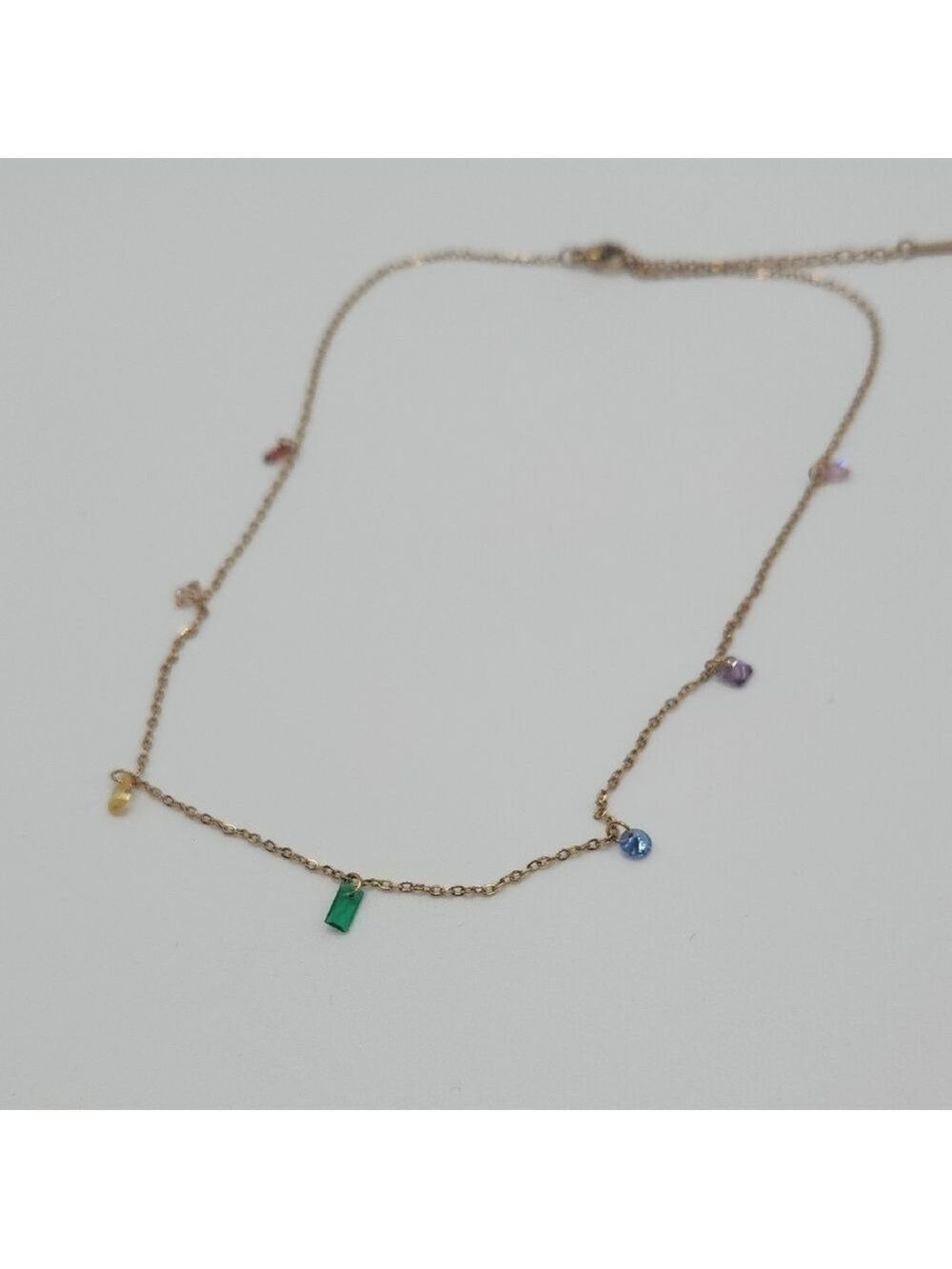 Elegant Gold Multicolor Simulated Gemstone Necklace, 18k Gold Plated SS - Picture 5 of 10